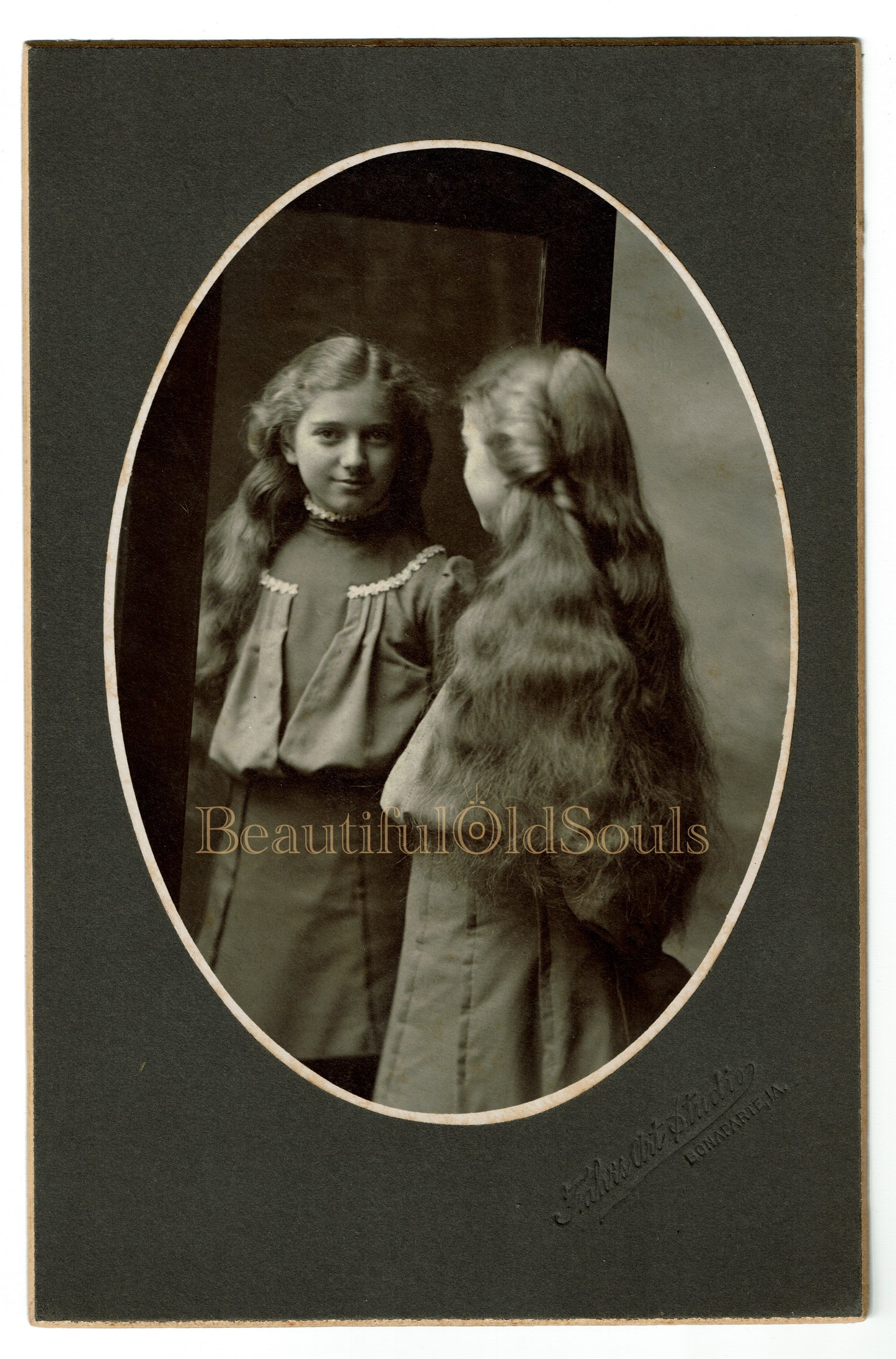 Antique Cabinet Card Photograph Adorable Girl Looking In Mirror Long Hair Bonaparte IA