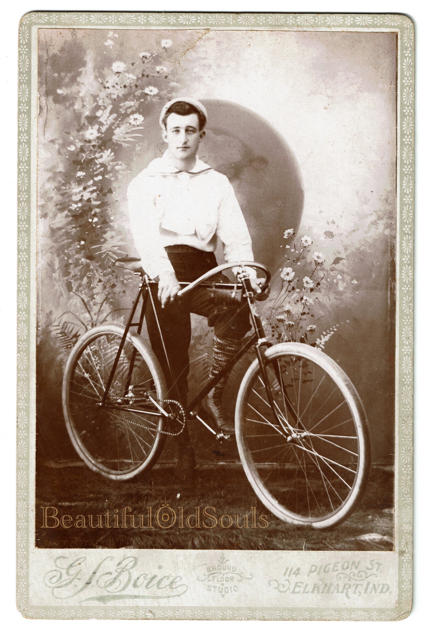 Antique Cabinet Card Photograph Handsome Young Man on Bicycle Elkhart IN