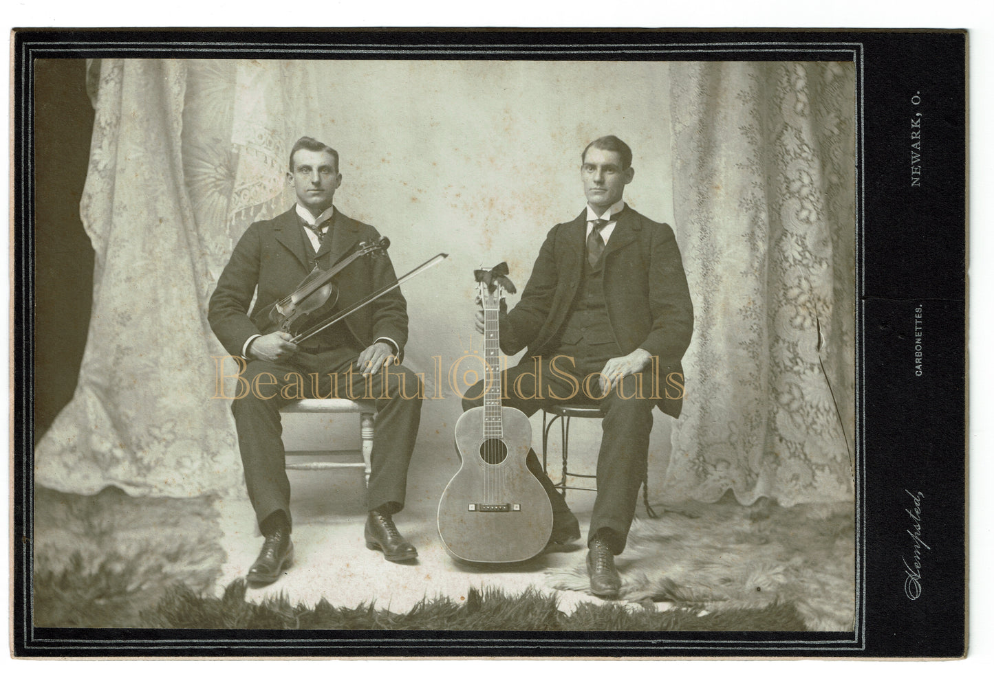Antique Cabinet Card Photograph Handsome Twin Bothers Musicians Guitar Fiddle Newark OH