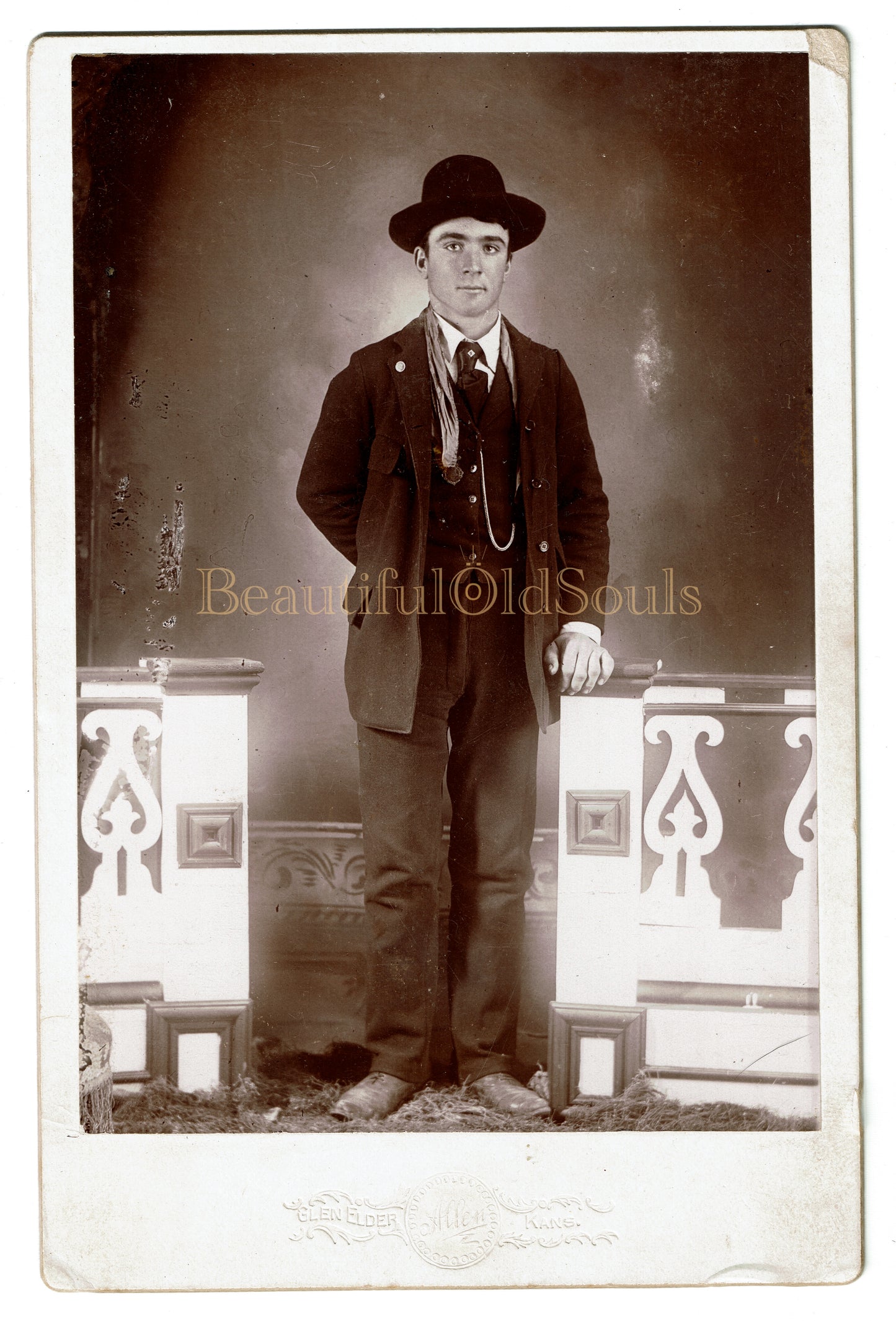 Antique Cabinet Card Photograph Handsome Young Man Brimmed Hat Cowboy Boots Glen Elder KS