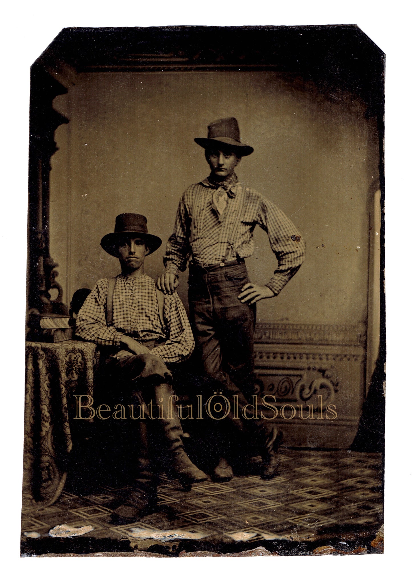 Antique Tintype Young Men Teen Boys Working Class Laborers Farmers Suspenders & Hats