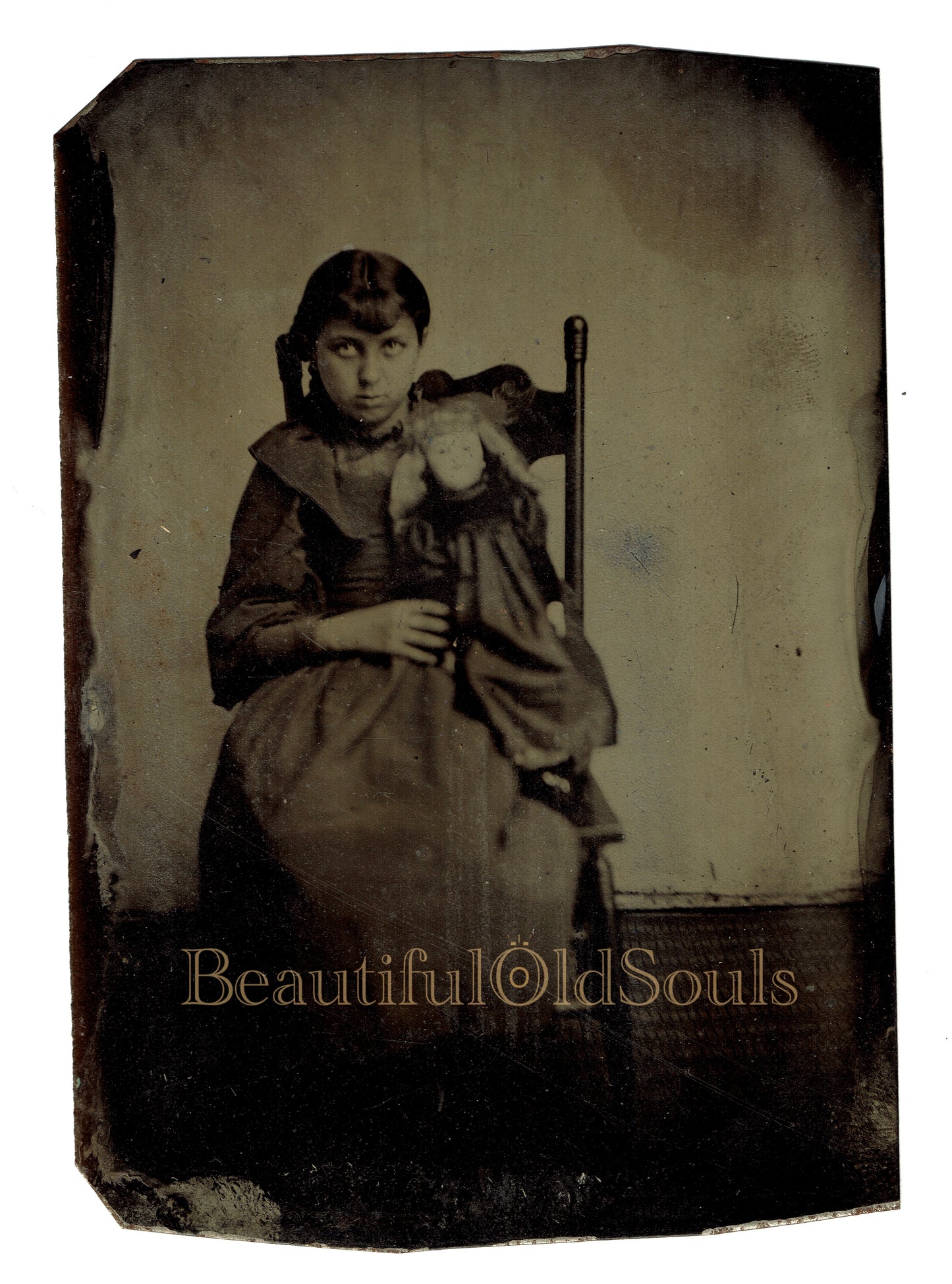Antique Tintype Girl with Sanpaku Eyes & Doll Spooky