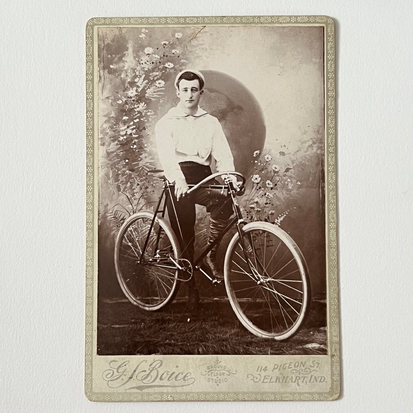 Antique Cabinet Card Photograph Handsome Young Man on Bicycle Elkhart IN