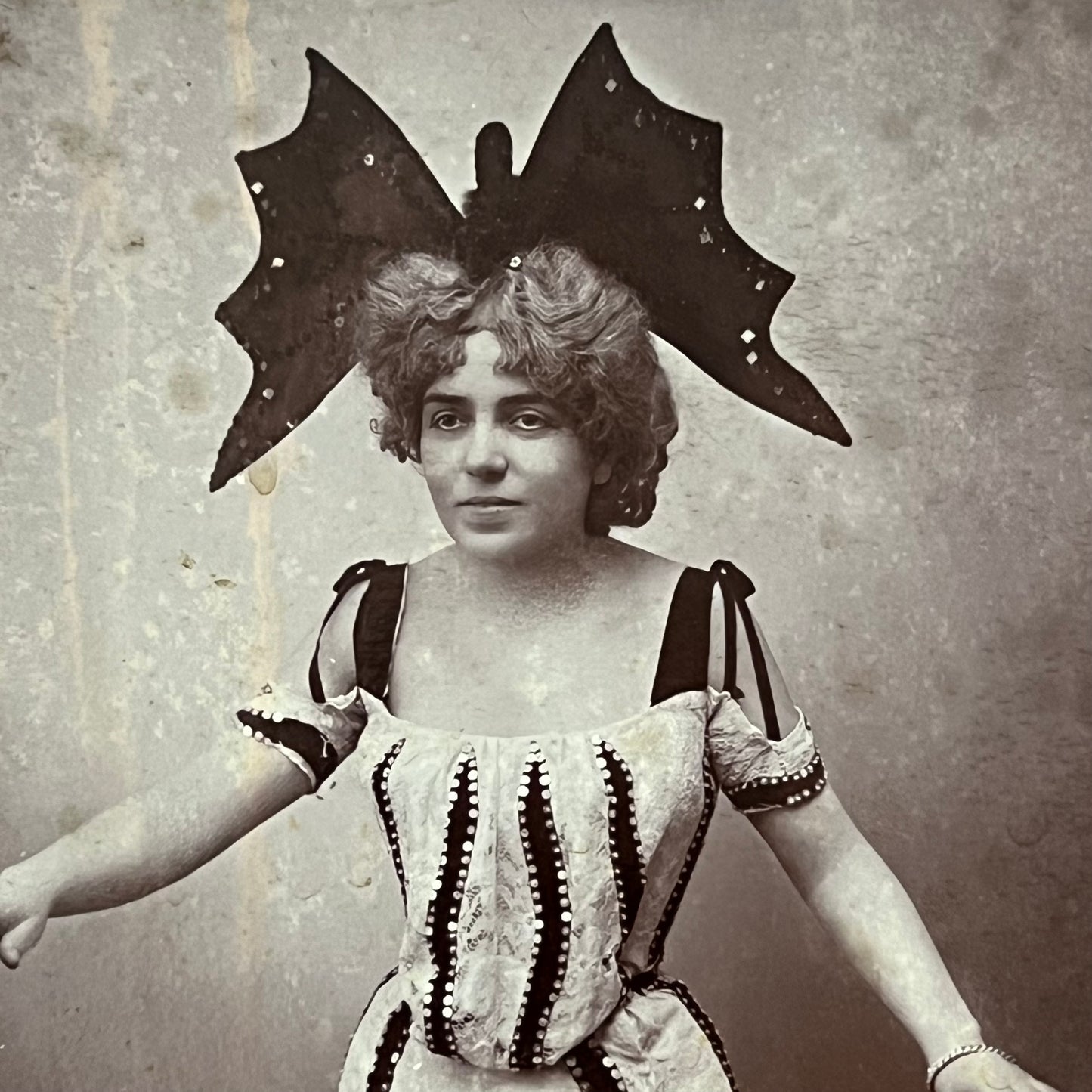 RESERVED Antique Cabinet Card Photograph Beautiful Woman Bat Hairpiece Devil Dress