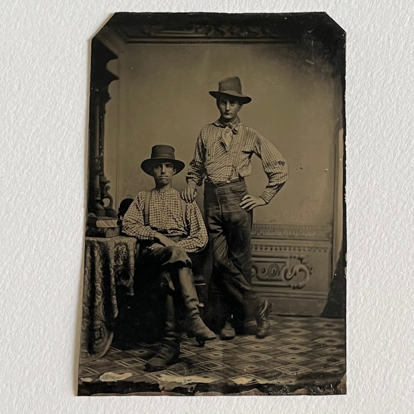 Antique Tintype Young Men Teen Boys Working Class Laborers Farmers Suspenders & Hats