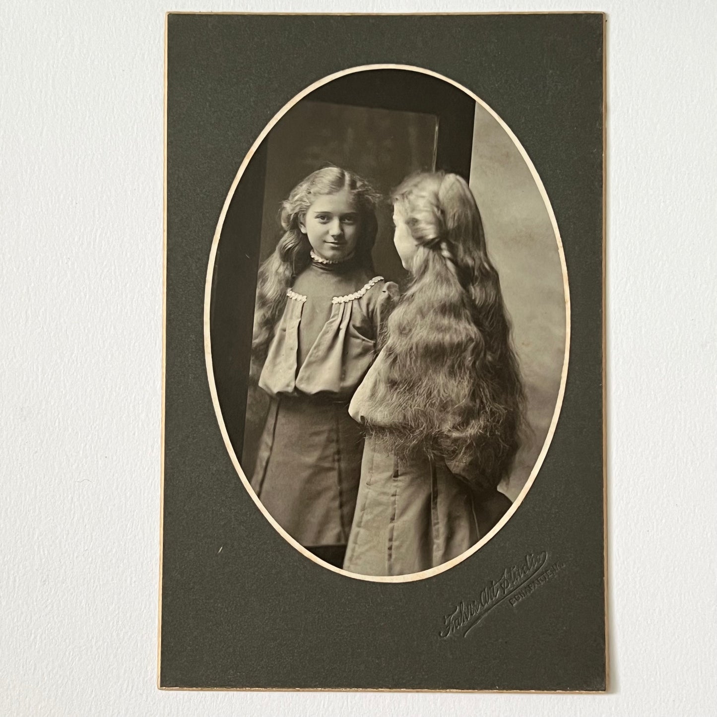 Antique Cabinet Card Photograph Adorable Girl Looking In Mirror Long Hair Bonaparte IA